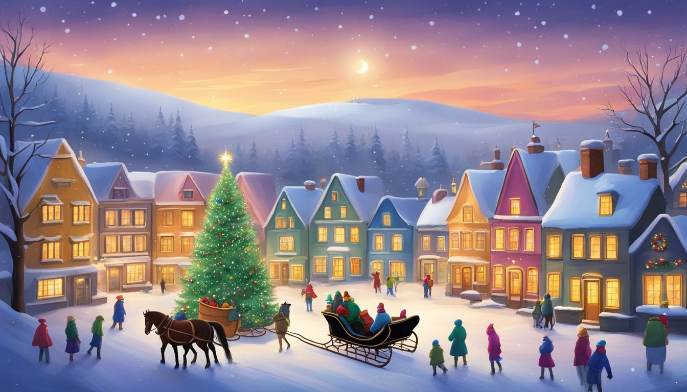Snow-covered village with colorful houses, glowing windows, and a towering Christmas tree in the town square. A horse-drawn sleigh passes by, spreading cheer