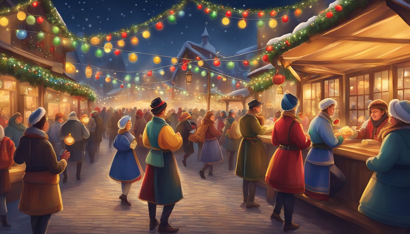Colorful traditional costumes, folk dancers, and musicians performing in a festive Christmas market adorned with lights and decorations