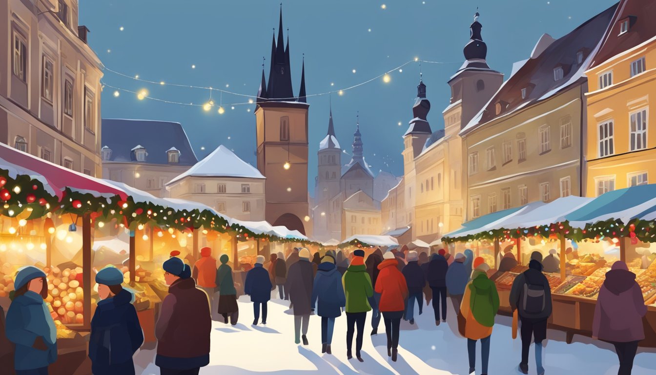 A festive Christmas market in Czech Republic, with colorful stalls and traditional decorations, bustling with visitors and the scent of mulled wine and roasted chestnuts