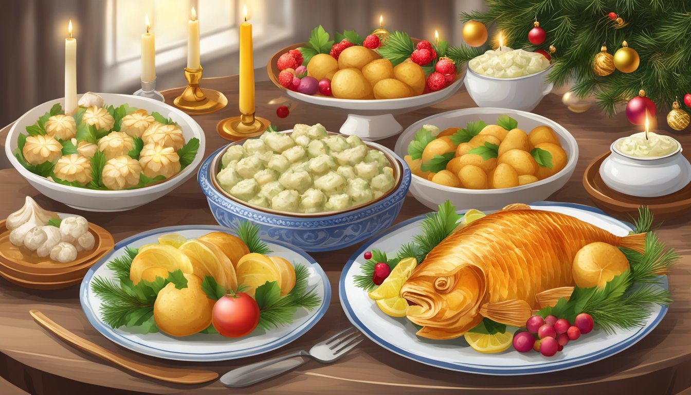 Colorful table with traditional Czech Christmas dishes: carp, potato salad, and fruit dumplings. Decorated with festive candles and ornaments