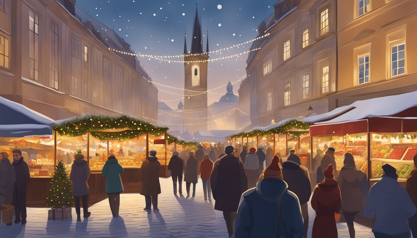 A festive market in Prague with traditional Czech decorations, mulled wine stalls, and international visitors enjoying the Christmas atmosphere