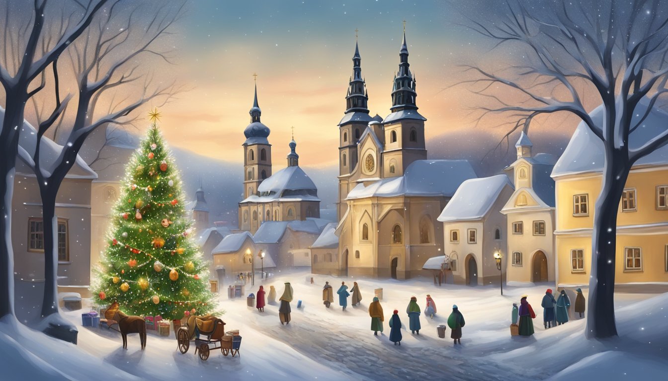 A traditional Czech Christmas scene with a decorated tree, presents, and a nativity scene, surrounded by snow-covered houses and a church in the background