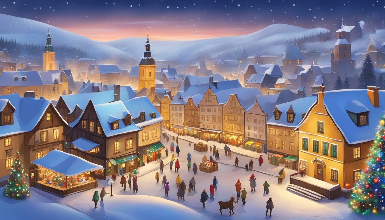 Festive Czech Christmas: Snow-covered village, traditional wooden houses adorned with colorful lights and ornaments. A central square features a towering Christmas tree and a market selling local crafts and treats