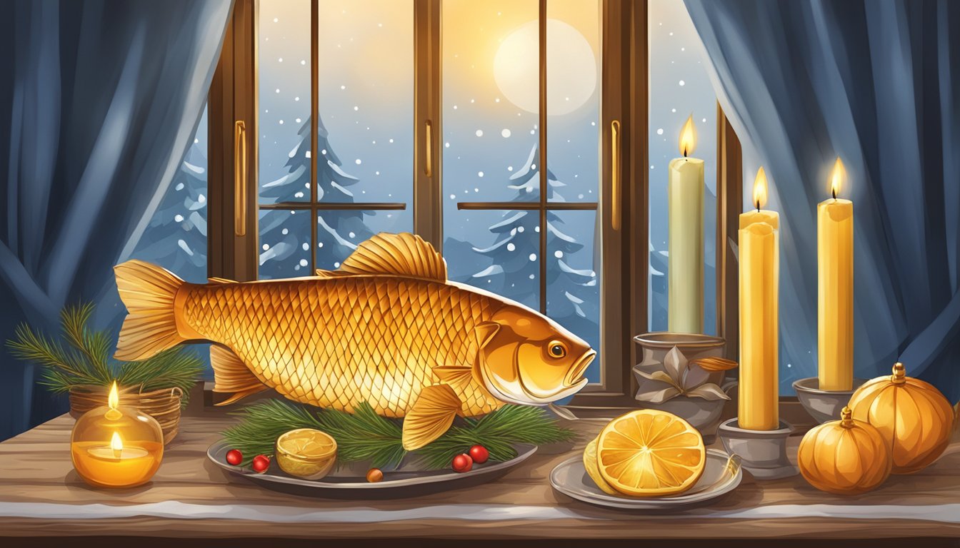 A table set with traditional Czech Christmas symbols: a carp fish, straw ornaments, and a lit candle in a window