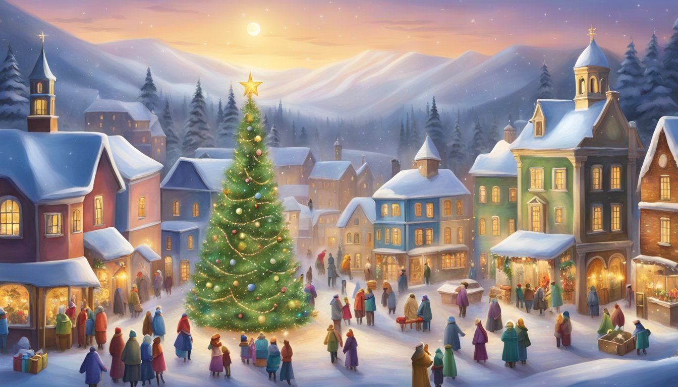 Snow-covered village with colorful houses, twinkling lights, and a towering Christmas tree in the town square. A traditional nativity scene and carolers add to the festive atmosphere