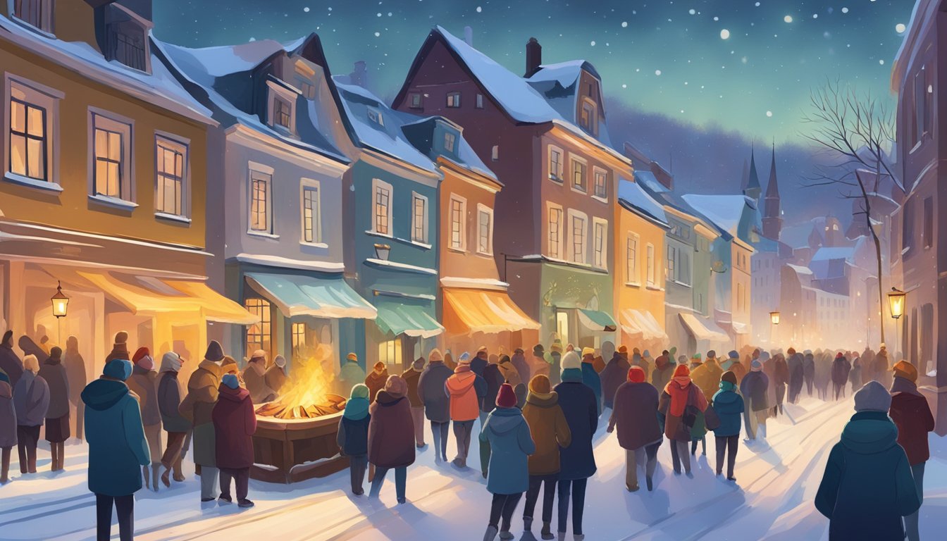 Colorful lights adorn the streets, illuminating snow-covered buildings. People gather around a roaring bonfire, sipping warm mulled wine and enjoying traditional Estonian holiday treats