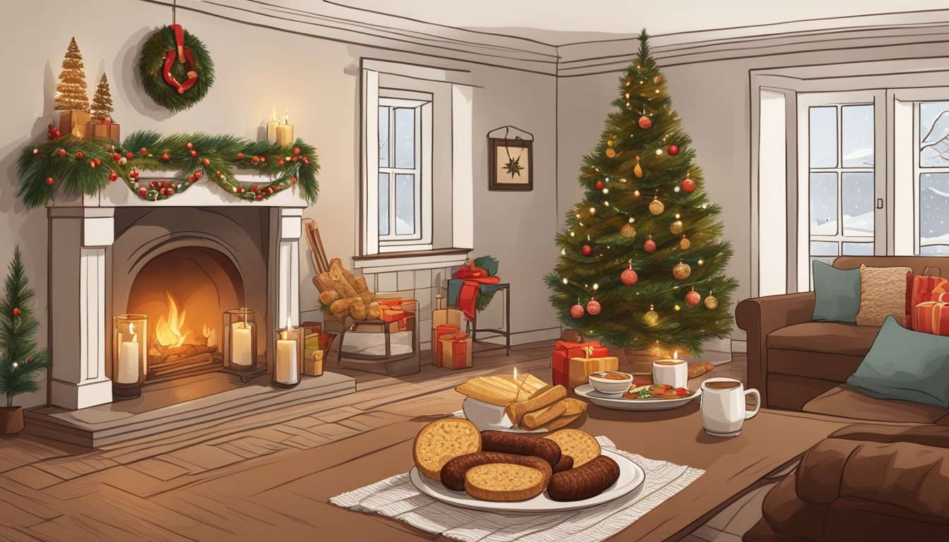 A cozy Estonian living room adorned with traditional Christmas decorations, including straw ornaments, candles, and a beautifully decorated Christmas tree. A table is set with traditional holiday foods like blood sausages, sauerkraut, and gingerbread cookies