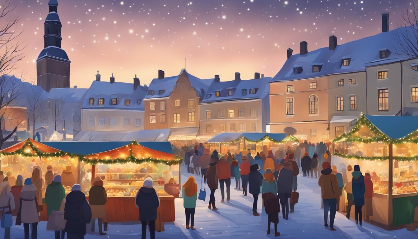 A festive Christmas market in Estonia with colorful stalls and twinkling lights, as people gather to ask questions and explore the holiday traditions