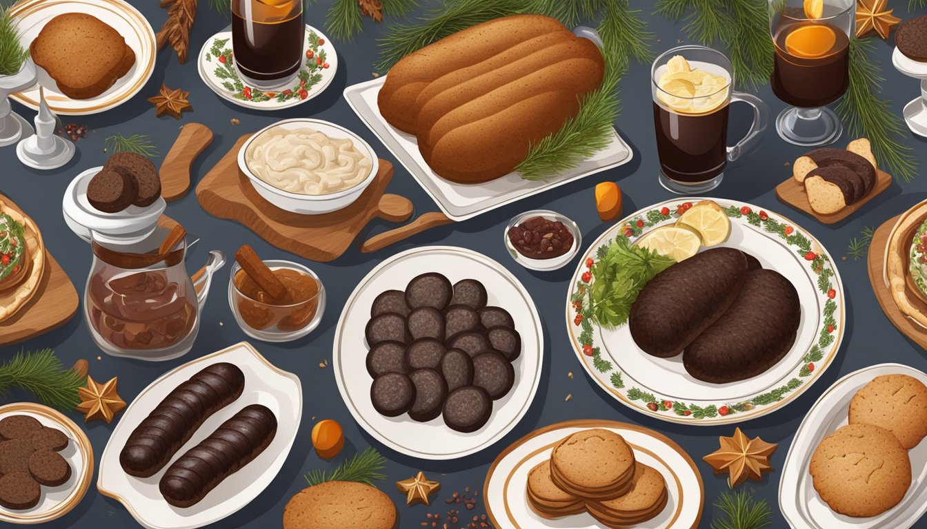 A table set with traditional Estonian Christmas dishes, including blood sausage, sauerkraut, roast pork, and gingerbread cookies