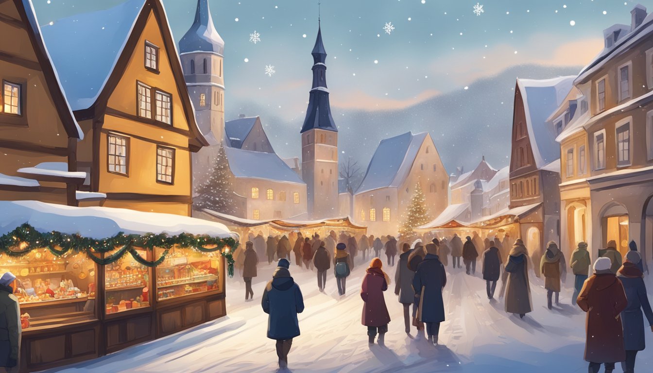 Snow-covered medieval buildings with festive decorations, people enjoying traditional Estonian Christmas markets, and a backdrop of historical landmarks