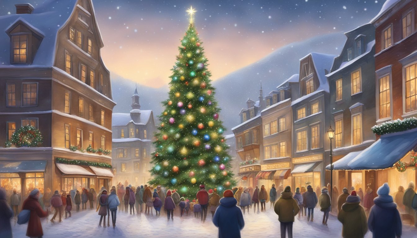 Snow-covered cobblestone streets, adorned with twinkling lights and festive decorations. A towering Christmas tree stands in the town square, surrounded by joyful locals and visitors enjoying the holiday spirit