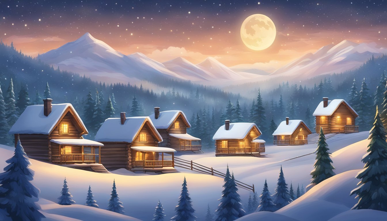 Snow-covered landscape with cozy wooden cabins, twinkling lights, and smoke rising from chimneys. Evergreen trees adorned with colorful ornaments and a starry sky above