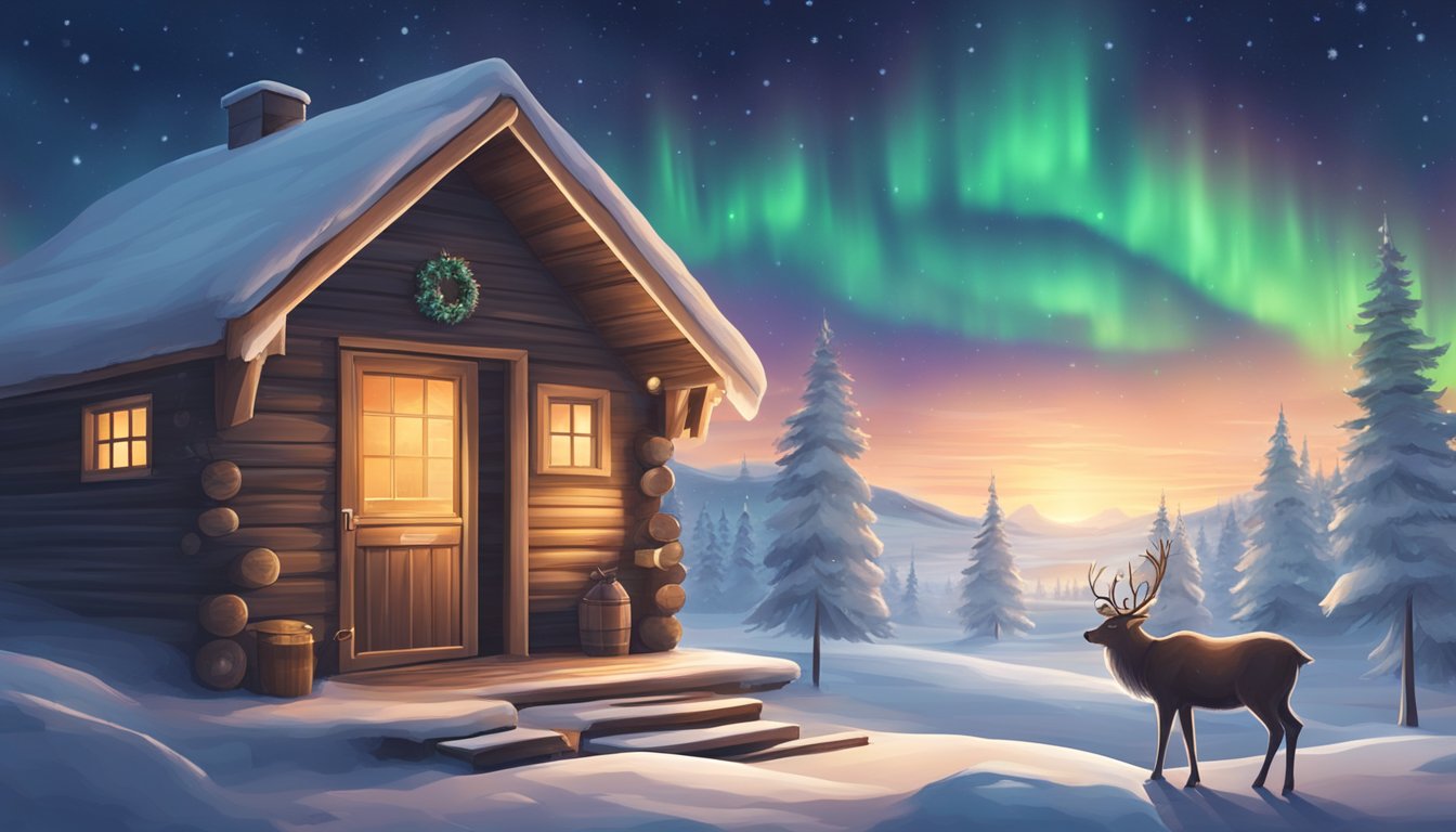 Santa Claus stands in front of a traditional Finnish sauna, surrounded by reindeer and a snowy landscape, with a glowing northern lights display in the sky