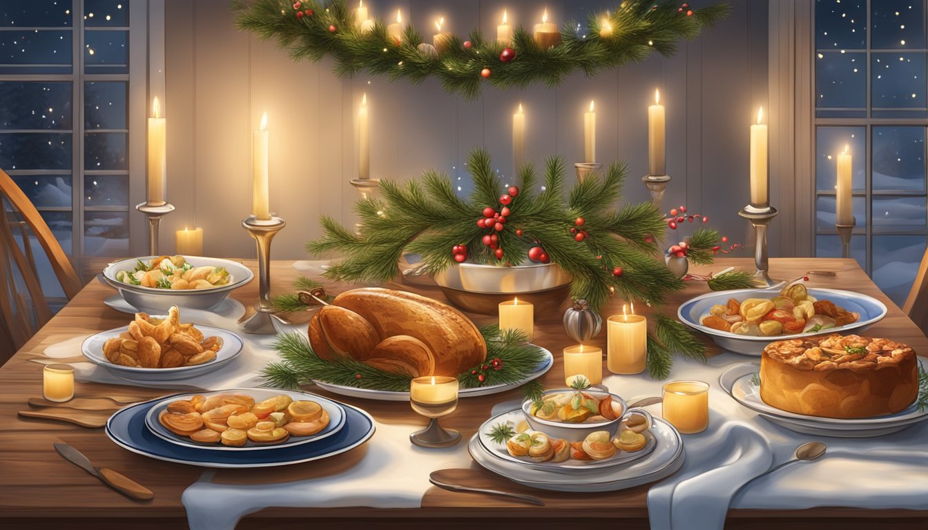 A table adorned with traditional Finnish Christmas dishes, surrounded by festive decorations and glowing candles