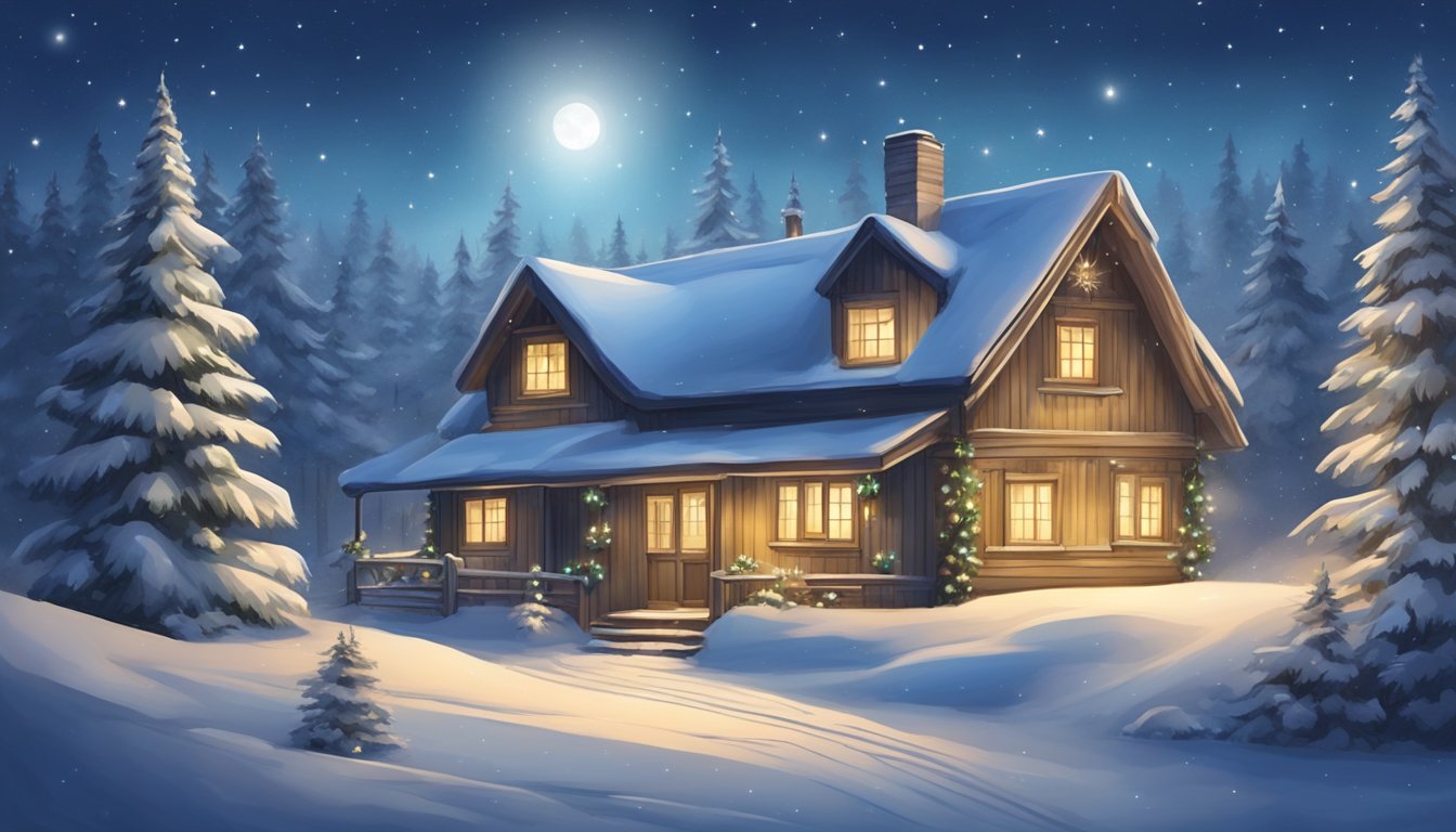 A cozy Finnish cottage adorned with traditional Christmas decorations, surrounded by snowy forests and a starry sky