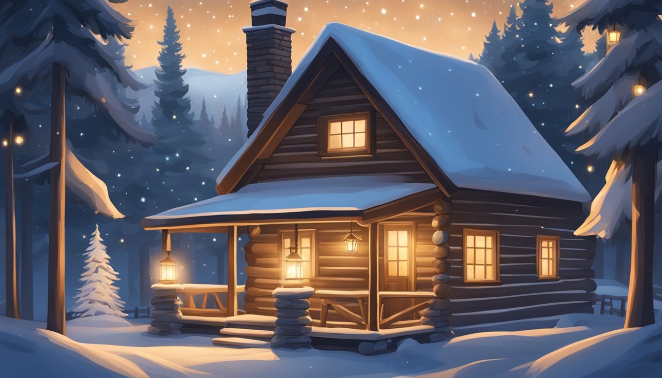 A cozy cabin with a glowing fireplace, decorated with traditional Finnish yuletide symbols like candles, stars, and reindeer ornaments. Outside, a snowy landscape with evergreen trees and a starry sky
