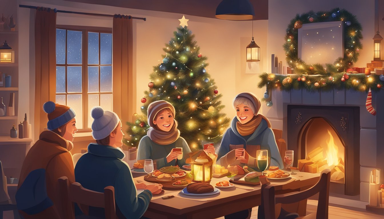 A cozy Finnish home with a glowing fireplace, adorned with traditional Christmas decorations, surrounded by family members exchanging gifts and enjoying a festive meal