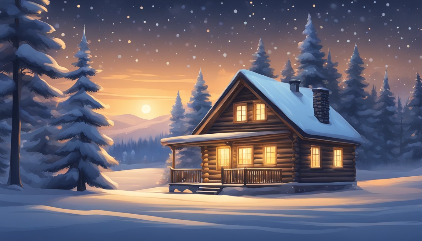 Snow-covered pine trees, a cozy log cabin, a warm glow from the windows, and a starry sky above - a peaceful Christmas in Finland