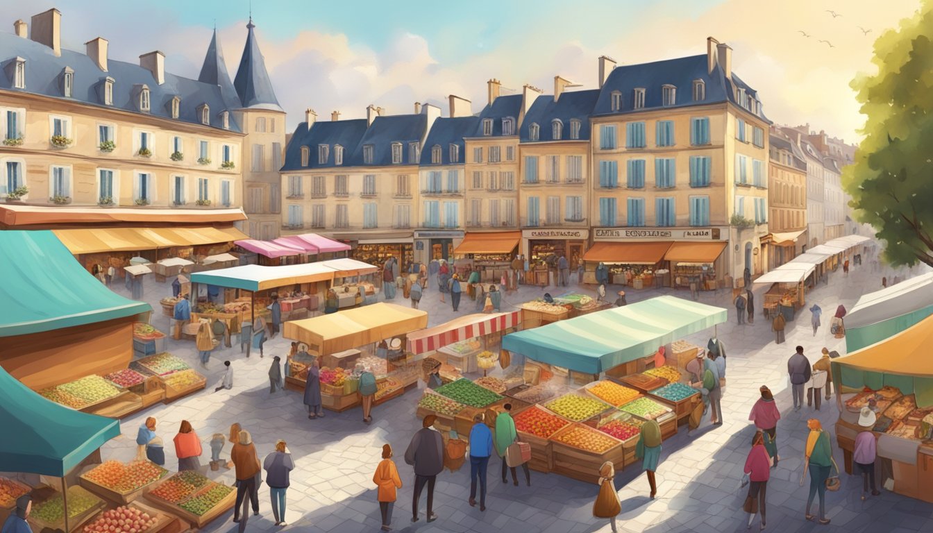 Colorful market stalls selling holiday goods in a bustling French town square, with people enjoying festive activities and music in the background