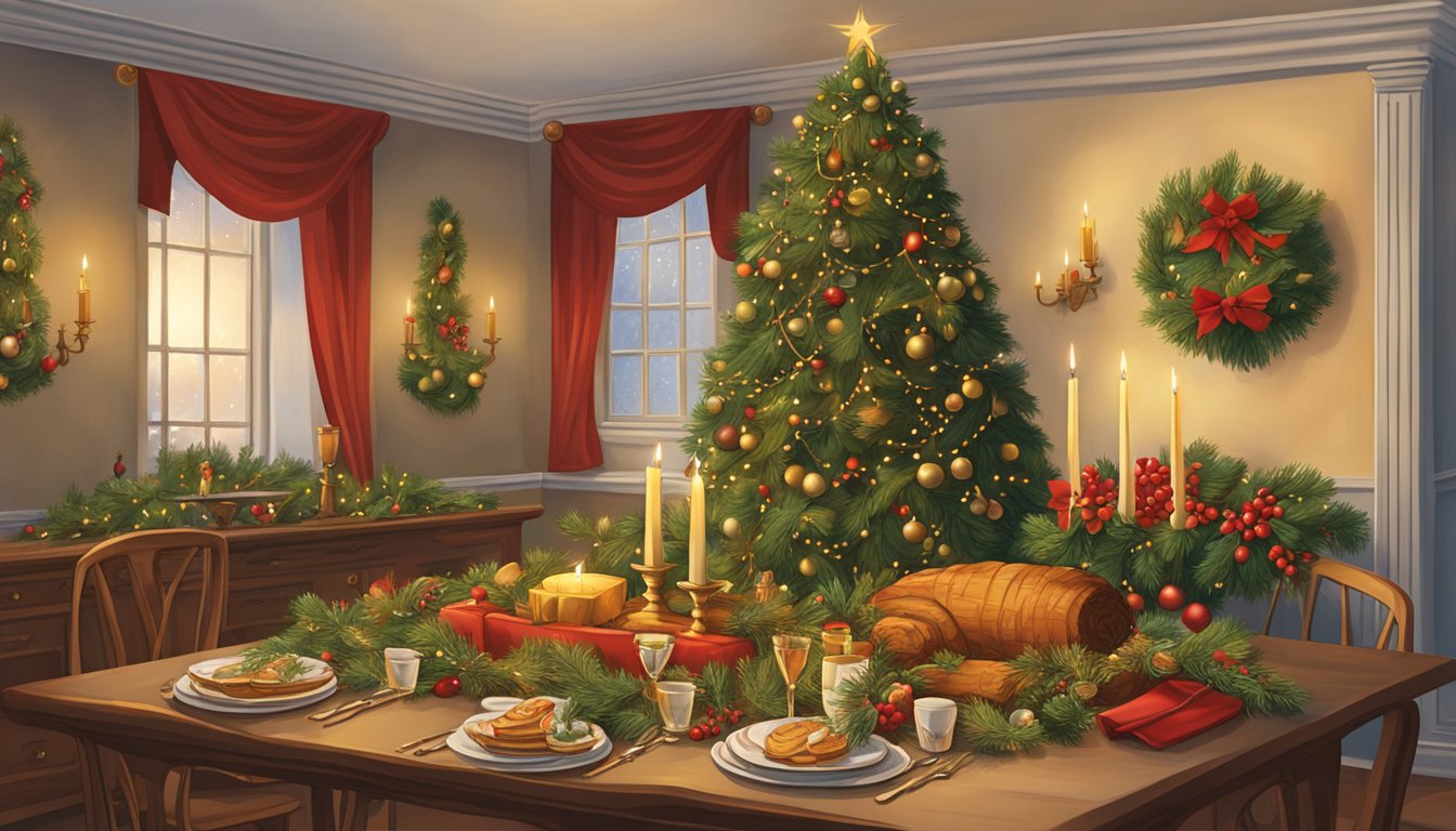 A festive table adorned with a Yule log, nativity scene, and red and gold decorations. Mistletoe and holly hang from the walls, while a traditional French Christmas tree stands in the corner, adorned with candles and ornaments