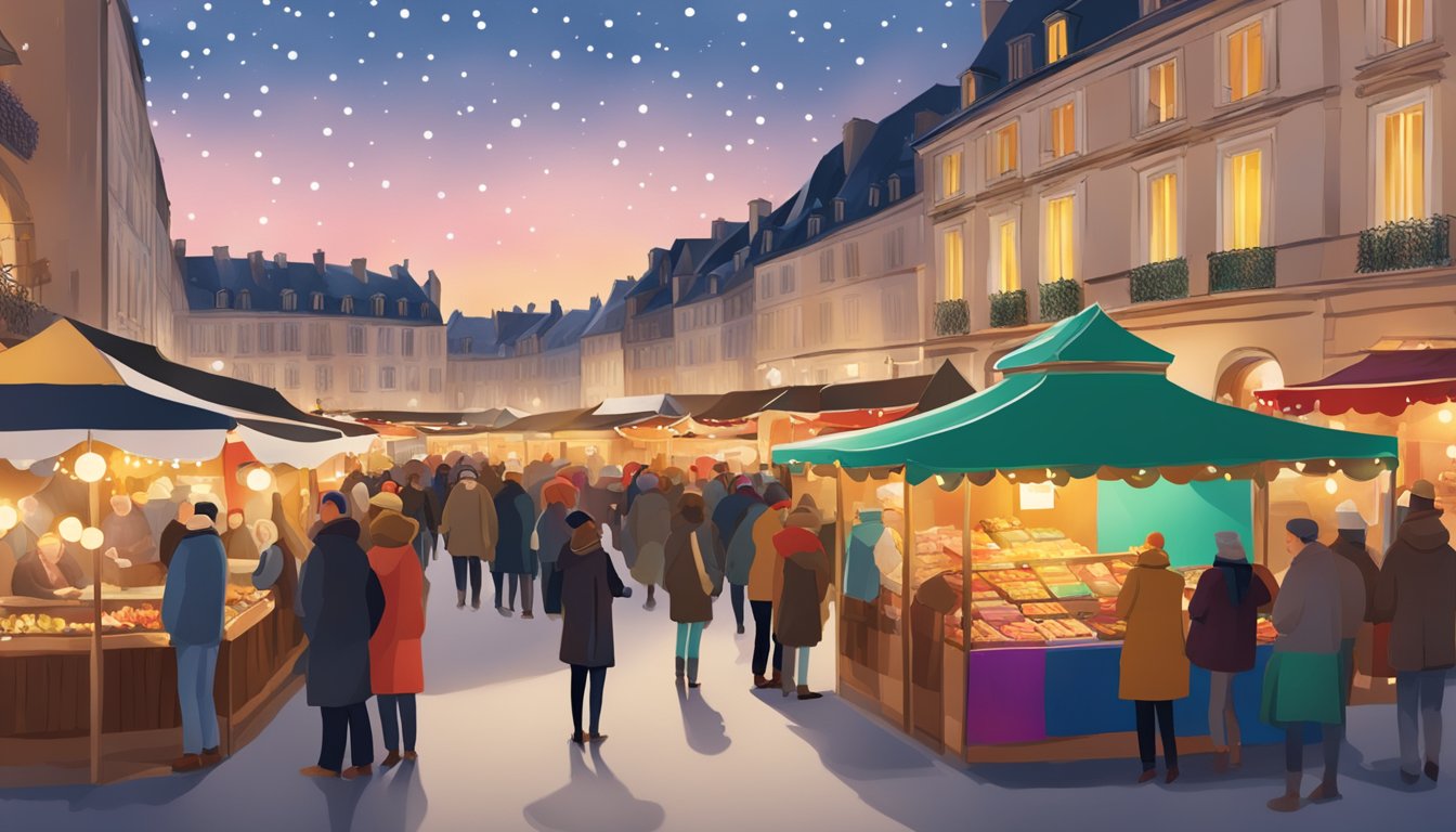 A festive Christmas market in France, with colorful stalls and twinkling lights, as people gather to ask questions about holiday traditions and customs