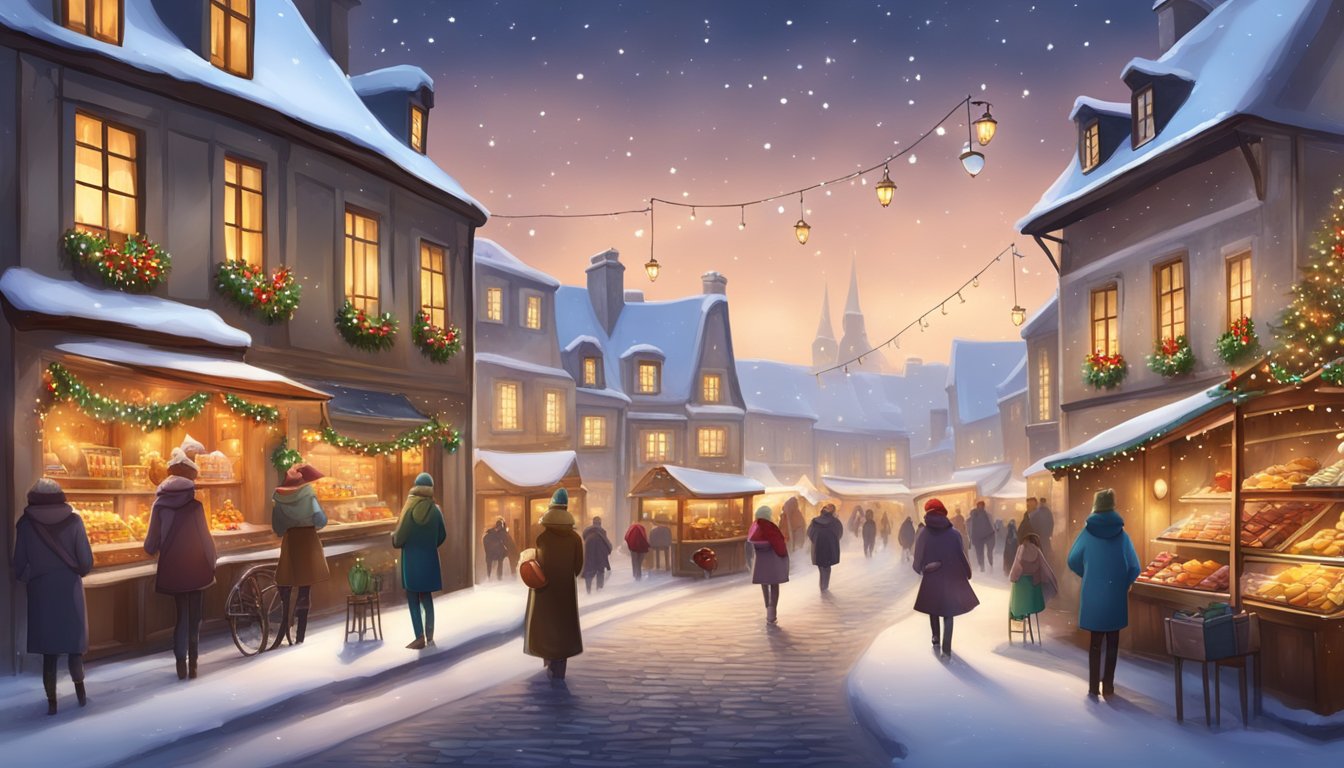 A cozy French village adorned with twinkling lights, snow-covered cobblestone streets, and festive market stalls selling traditional holiday treats and decorations