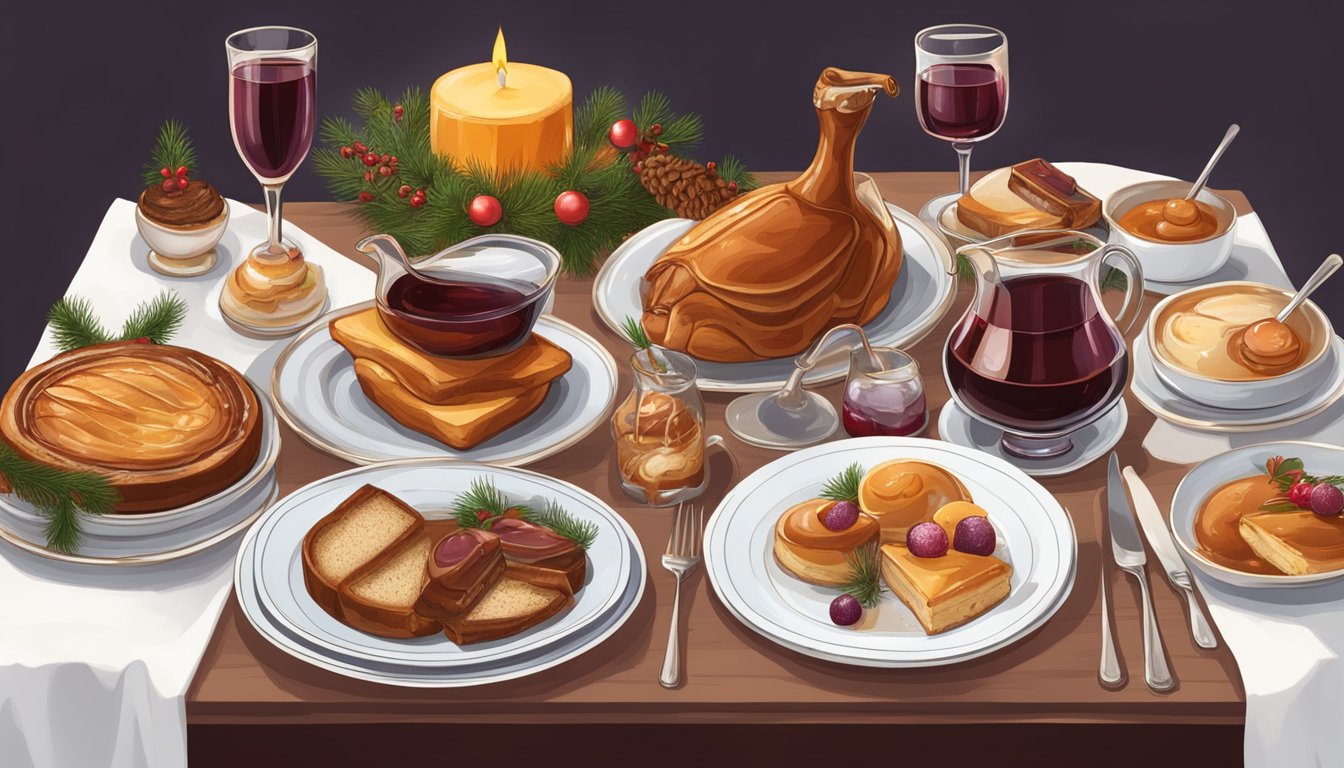 A table adorned with festive French Christmas dishes and desserts, including roasted goose, foie gras, Yule log, and mulled wine