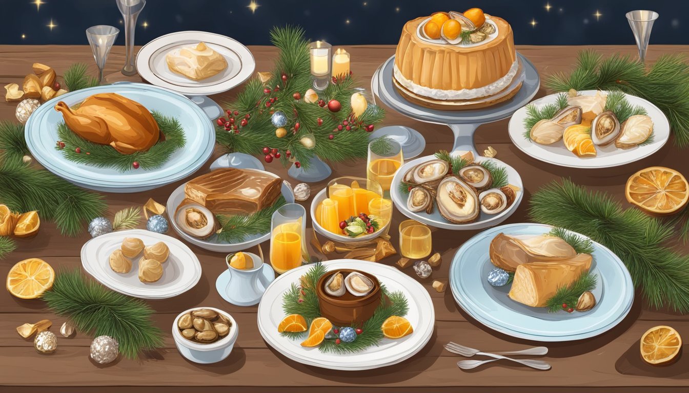A table set with traditional French Christmas dishes, including foie gras, oysters, and buche de Noel, surrounded by festive decorations