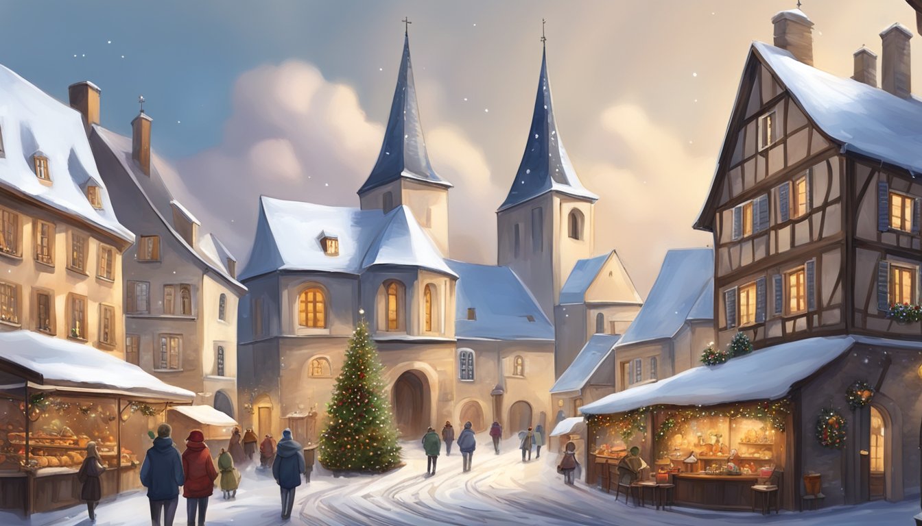 A cozy French village with a medieval church adorned with festive decorations, surrounded by snow-covered cobblestone streets and traditional Christmas markets