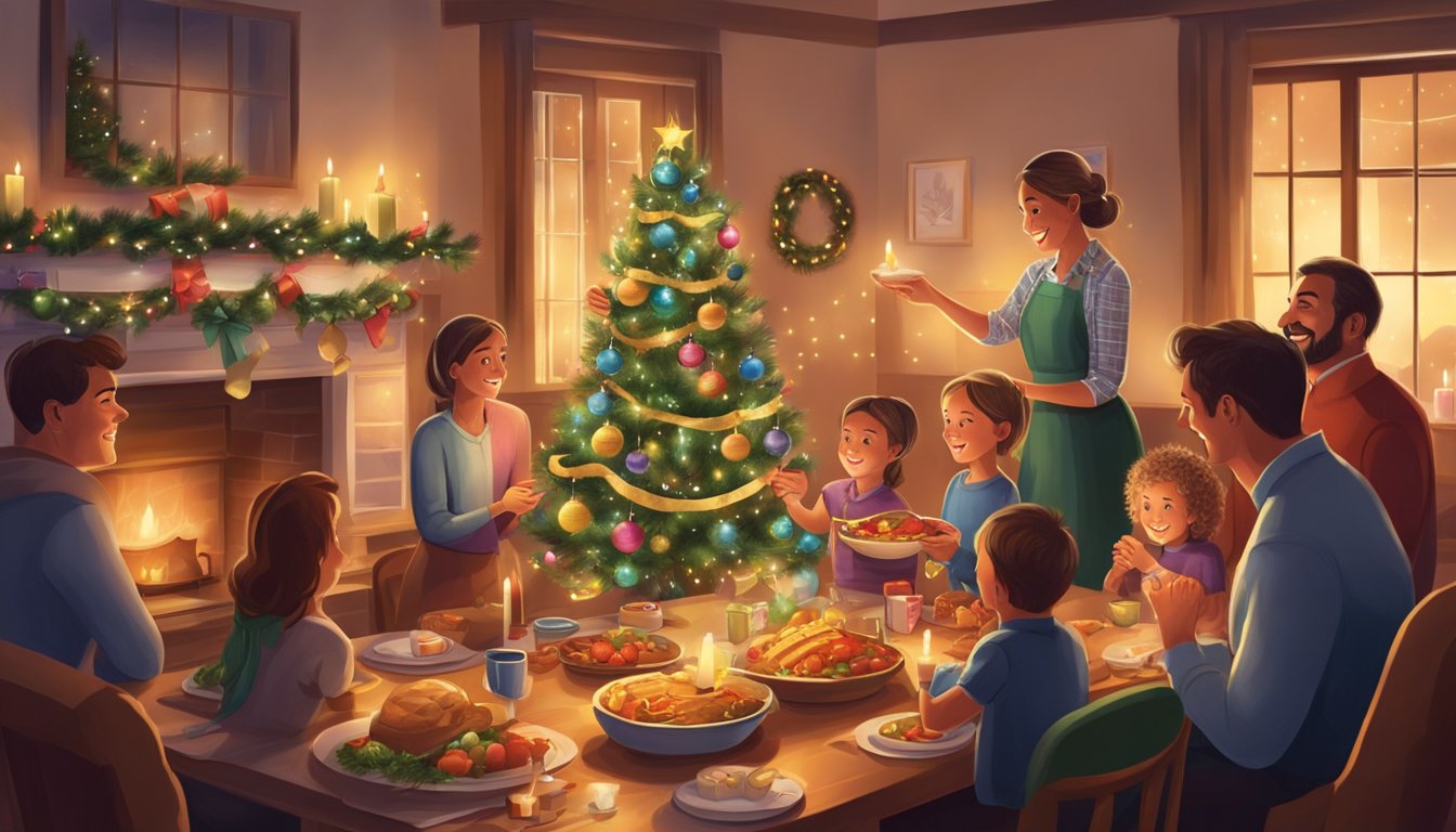 Families gather around a beautifully decorated Christmas tree, exchanging gifts and enjoying a festive meal in a cozy, candle-lit room
