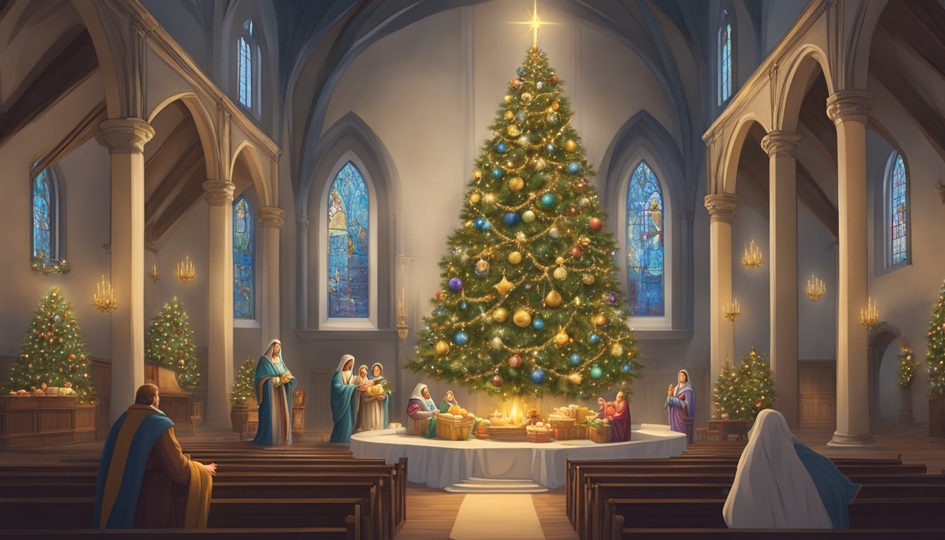 A decorated Christmas tree stands in a French church, surrounded by candles and wreaths. A nativity scene with figurines of Mary, Joseph, and baby Jesus is displayed nearby