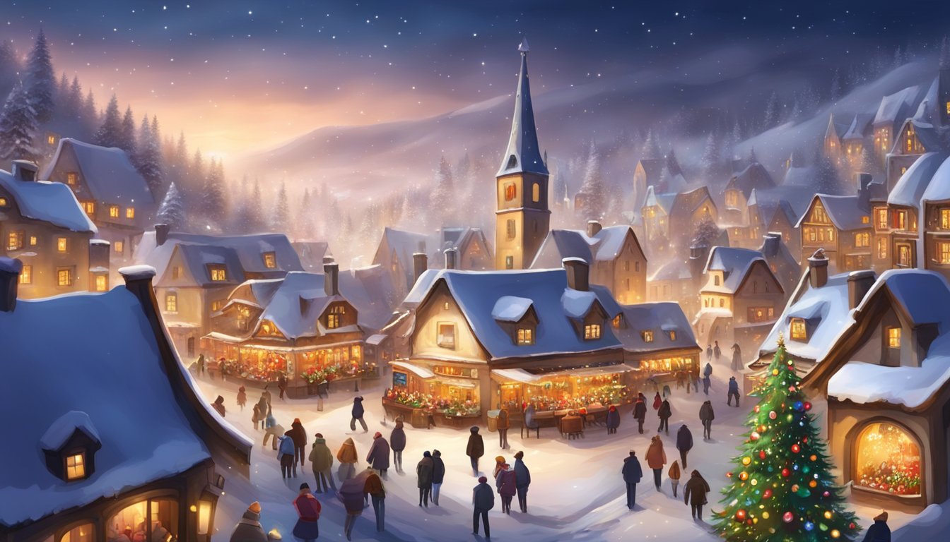 Snow-covered village with festive lights, decorated trees, and a bustling Christmas market. A cozy atmosphere with traditional French holiday decor and cheerful locals