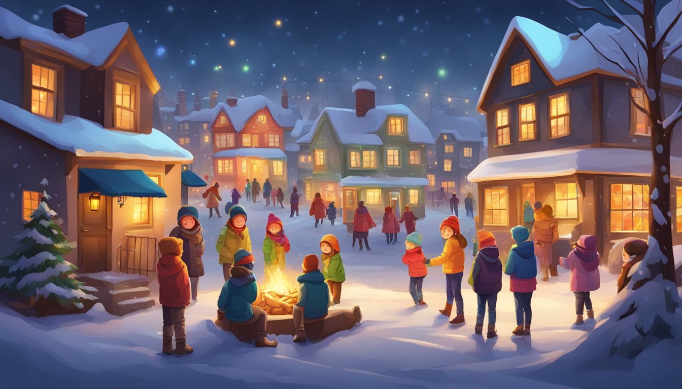 Snow-covered houses with colorful lights, families gathering around bonfires, and children playing traditional games in the streets