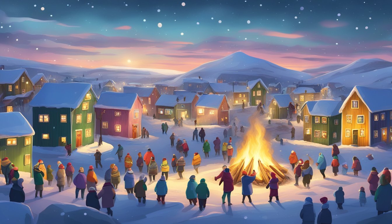 A snowy village with colorful houses, decorated with Christmas lights and traditional Greenlandic ornaments. People gather around a large bonfire, singing and dancing to celebrate the holiday