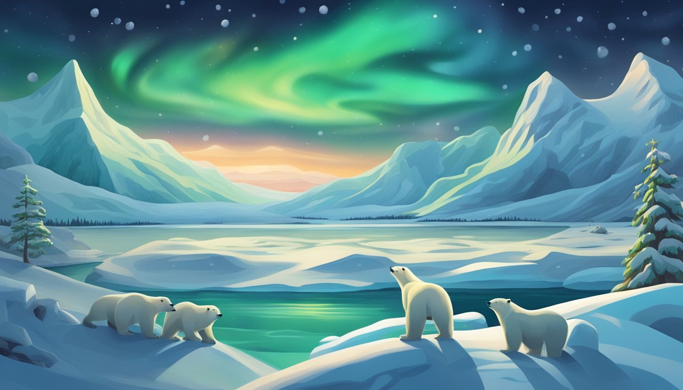 Snow-covered landscape with traditional Greenlandic decorations: polar bears, seals, and Inuit symbols. Northern lights shimmer in the sky