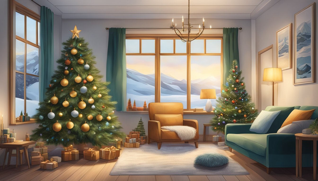 A cozy living room decorated with traditional Greenlandic Christmas ornaments and a beautifully adorned Christmas tree