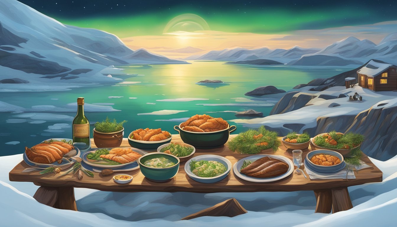 A table adorned with traditional Greenlandic Christmas dishes, including roast muskox, smoked fish, and kiviak (seal meat fermented in a hollowed-out seal carcass). A backdrop of snowy landscapes and northern lights completes the scene