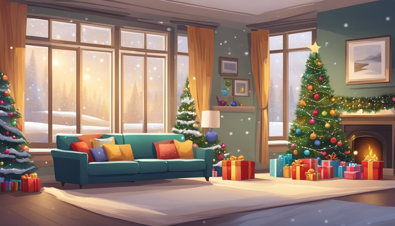 A festive scene with wrapped presents under a decorated Christmas tree in a cozy living room, with snow falling outside the window