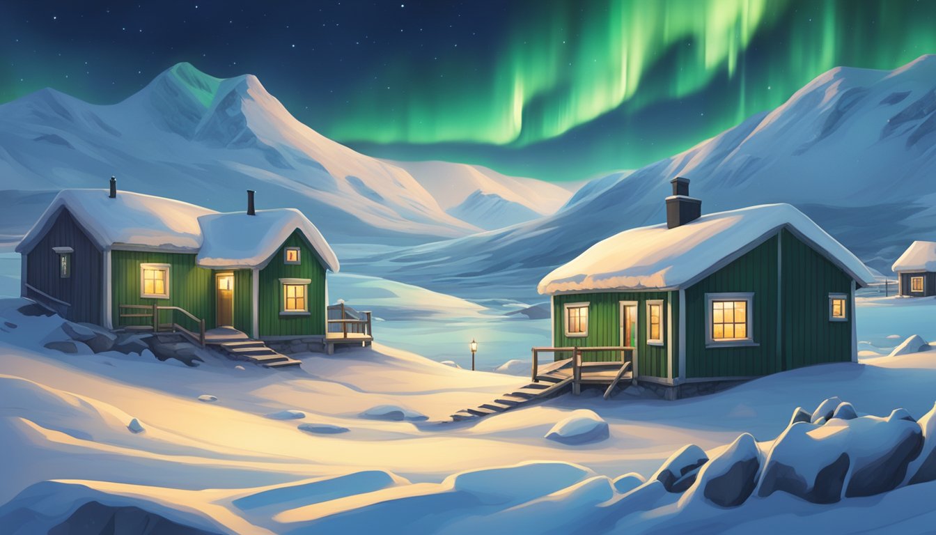 Snow-covered landscape with traditional Greenlandic homes adorned with festive decorations. Northern lights dance across the night sky, creating a magical atmosphere