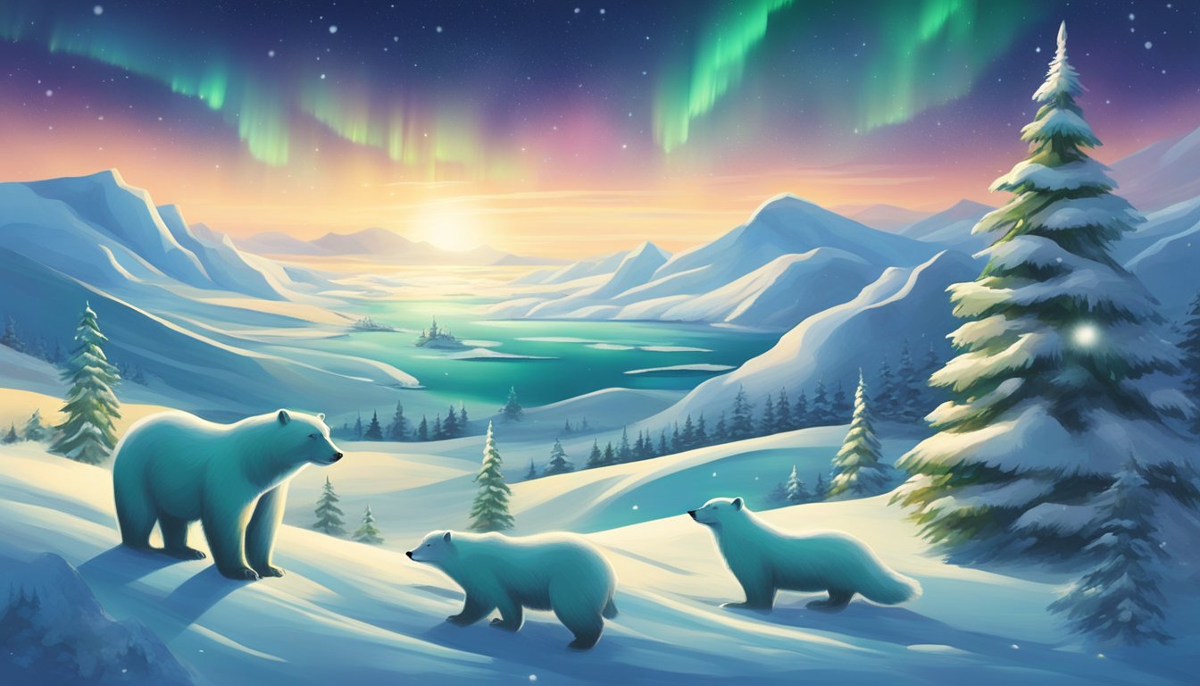 Snow-covered landscape with polar bears, reindeer, and arctic foxes. Northern lights shimmering in the sky above a traditional Greenlandic Christmas tree