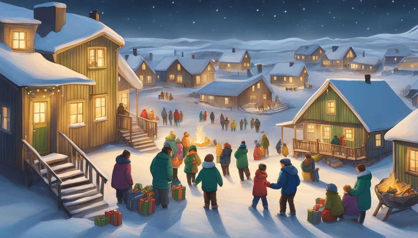 Festive lights illuminate snow-covered homes. Families gather around bonfires, exchanging gifts and enjoying traditional Greenlandic food. A sense of joy and community fills the air