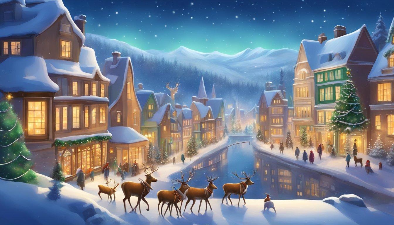 Snow-covered village with colorful houses, twinkling lights, and a towering Christmas tree. Reindeer-drawn sleighs and excited tourists exploring the winter wonderland