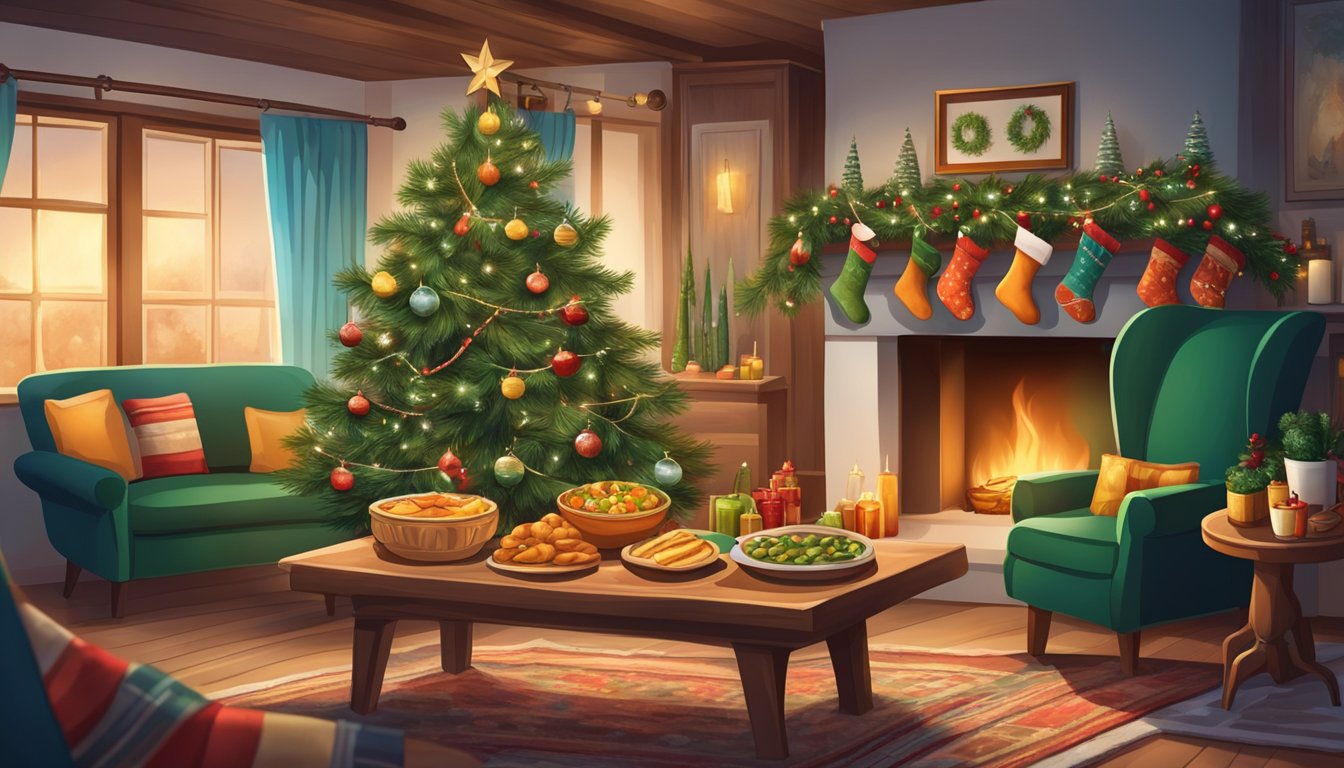 A cozy living room with a decorated Christmas tree, stockings hanging by the fireplace, and a table set with traditional Greenlandic holiday foods