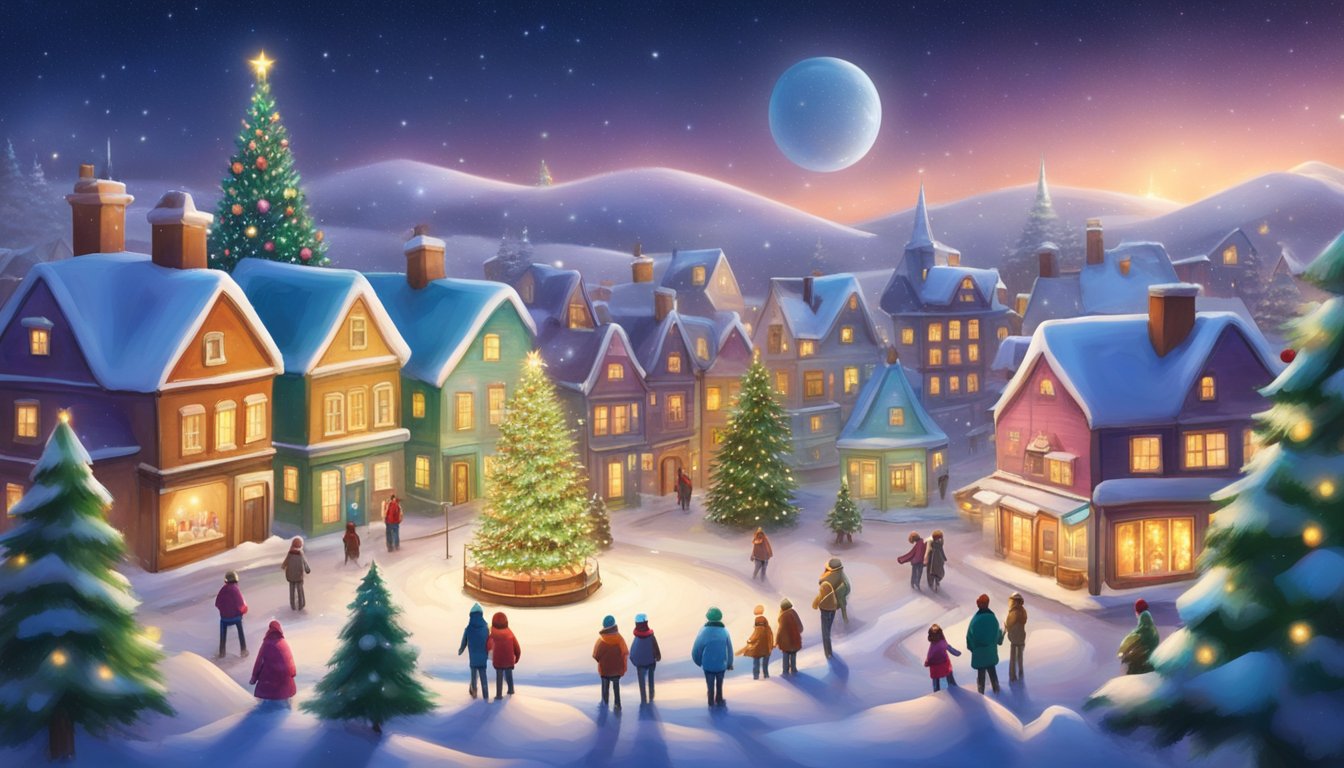 Snow-covered landscape with colorful houses, twinkling lights, and a starry sky. A towering Christmas tree adorned with ornaments and a glowing star stands in the center of a town square