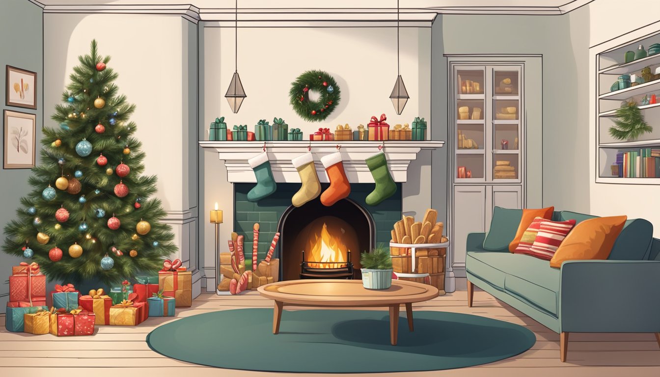 A cozy living room with a decorated Christmas tree, stockings hanging by the fireplace, and a table set with traditional Danish holiday treats