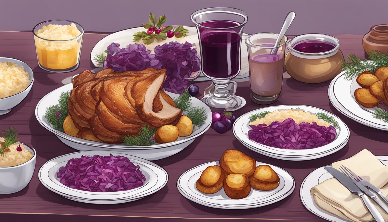A table set with classic Danish Christmas dishes: roast pork with crispy skin, caramelized potatoes, red cabbage, and rice pudding with cherry sauce