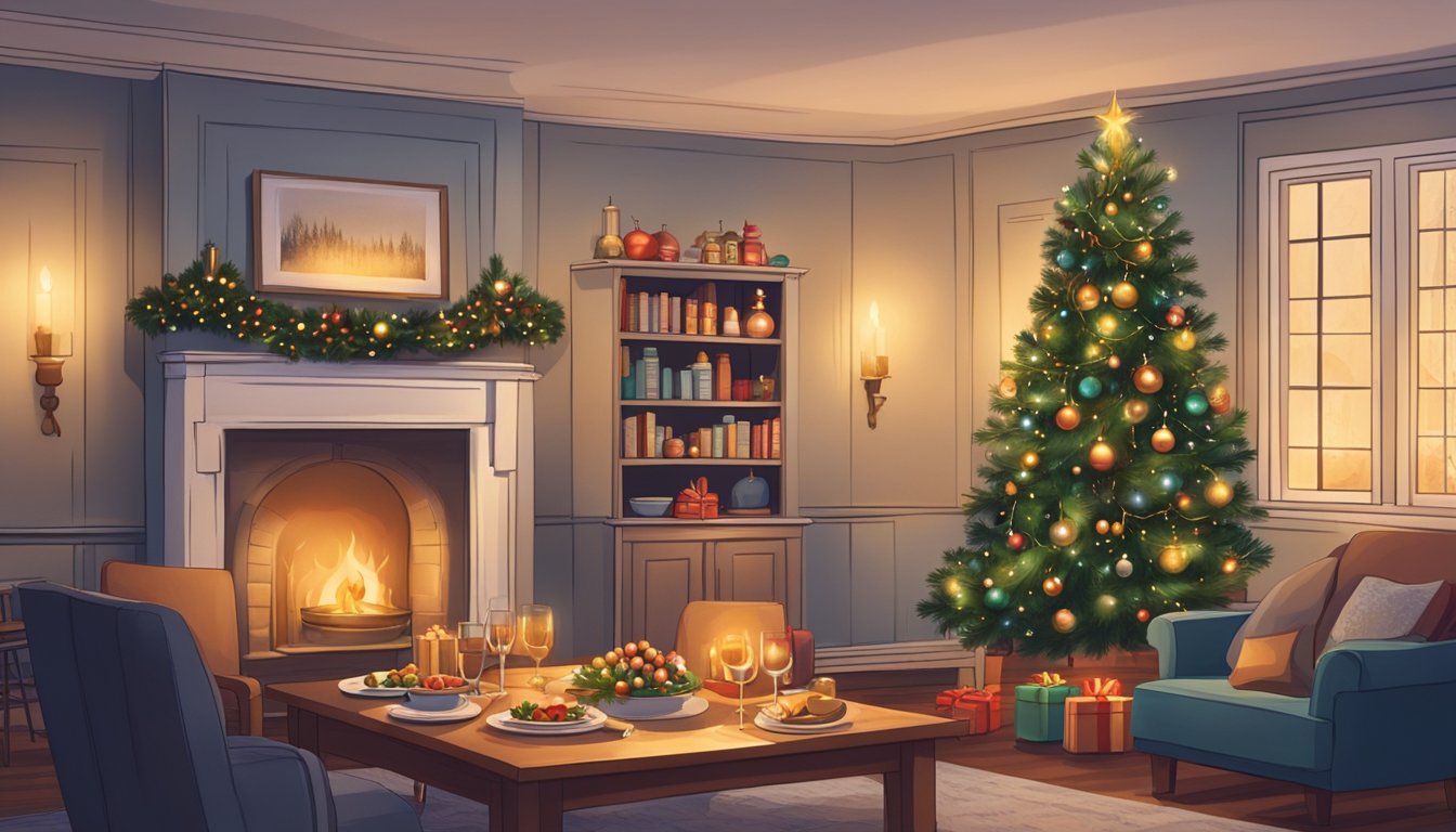 A cozy living room with a lit Christmas tree, adorned with traditional Danish ornaments. A table is set with a festive meal, and a candle-lit advent wreath sits in the center