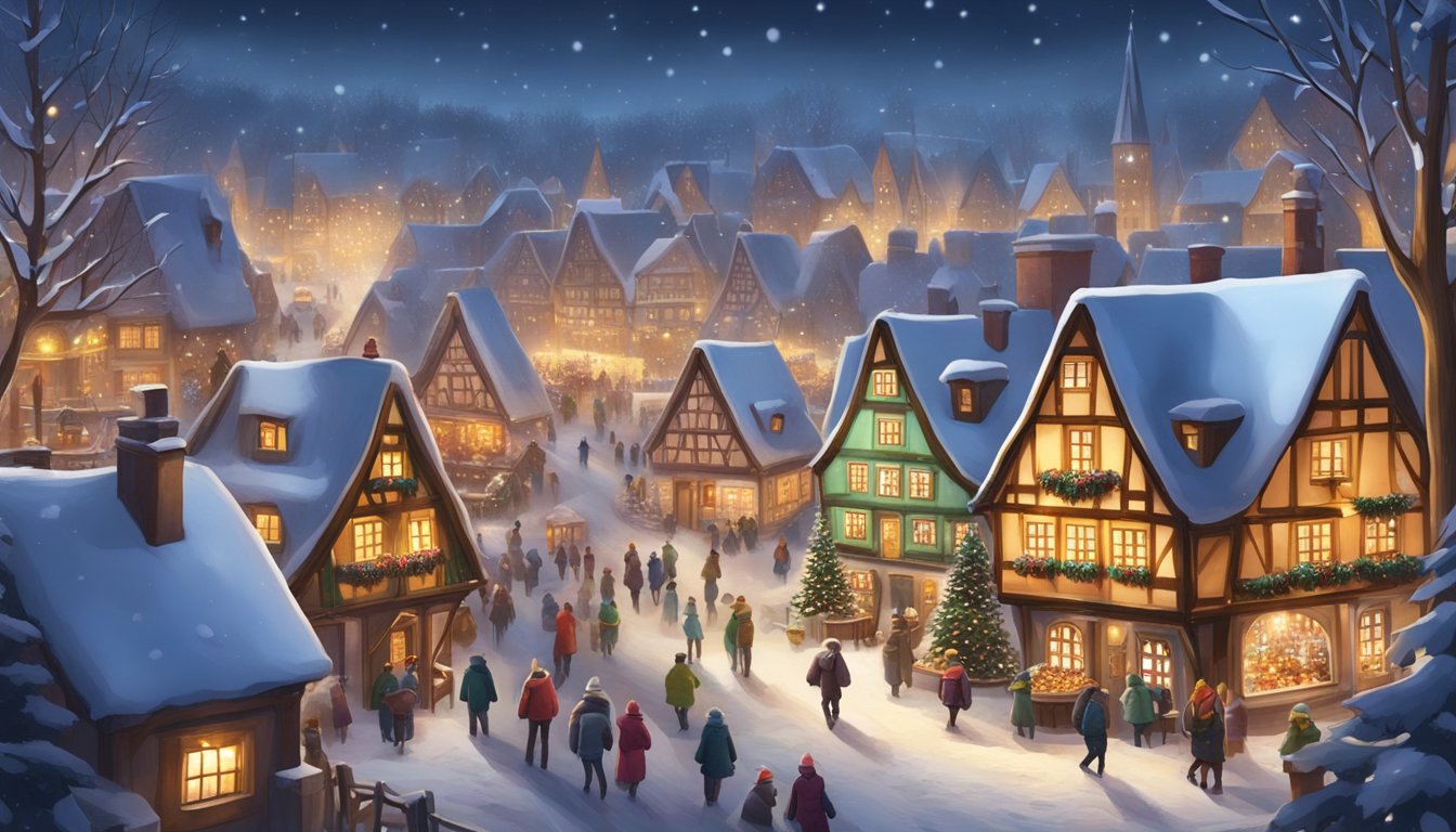 Snow-covered village with colorful half-timbered houses, decorated with twinkling lights and wreaths. A festive market with stalls selling hot mulled wine, pastries, and traditional Danish crafts