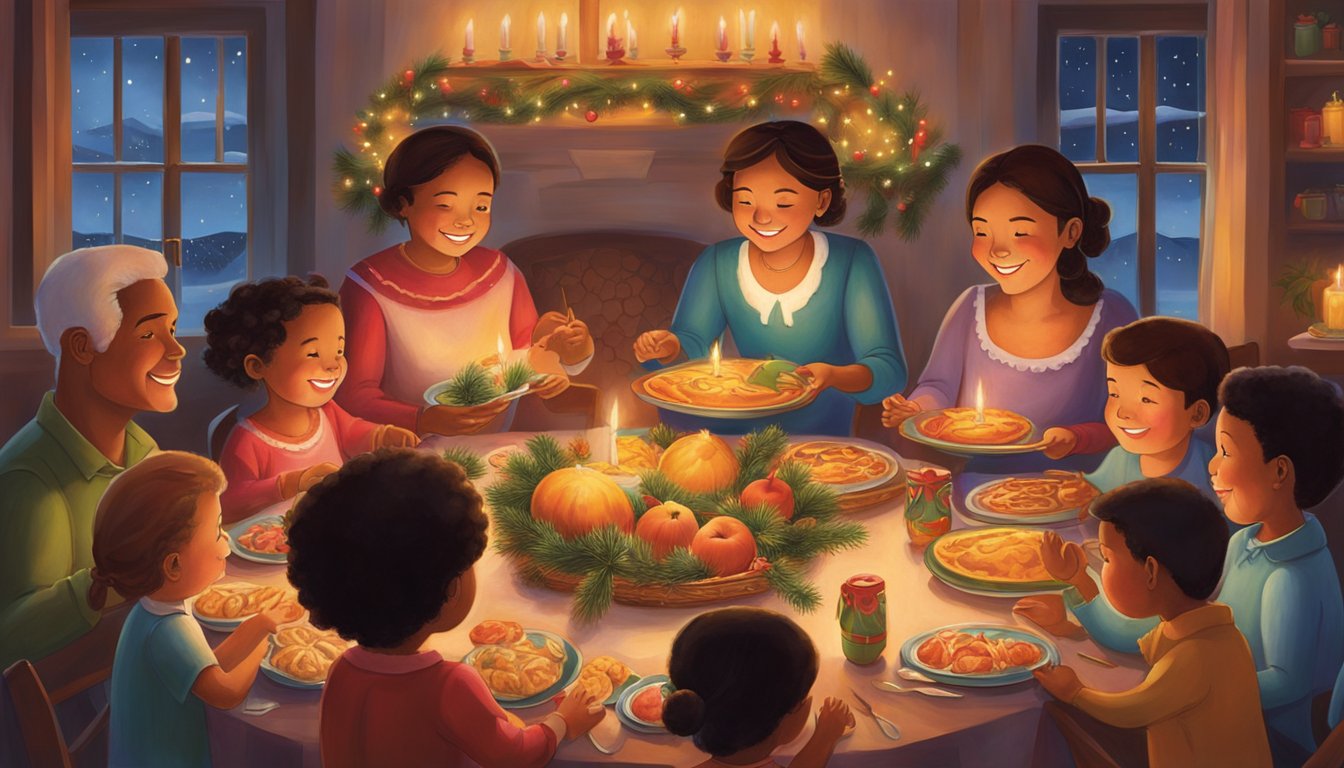 Families gather around a festive table, filled with traditional Dominican Christmas dishes. The air is filled with the sound of joyful music and laughter as children play games and adults share stories. A warm glow from the candles and twinkling lights creates a cozy and