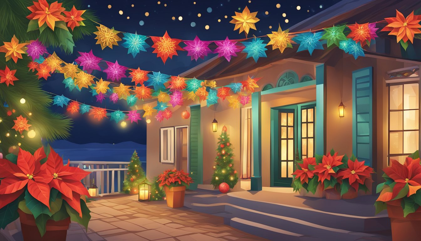 Colorful papel picado and festive poinsettias adorn traditional Dominican Christmas decorations. Bright lights and ornaments add to the joyful atmosphere